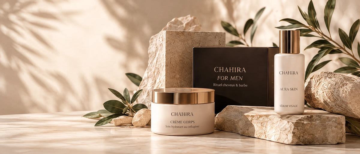 Rituels de soins naturels Chahira sur pierre et feuillage d'olivier